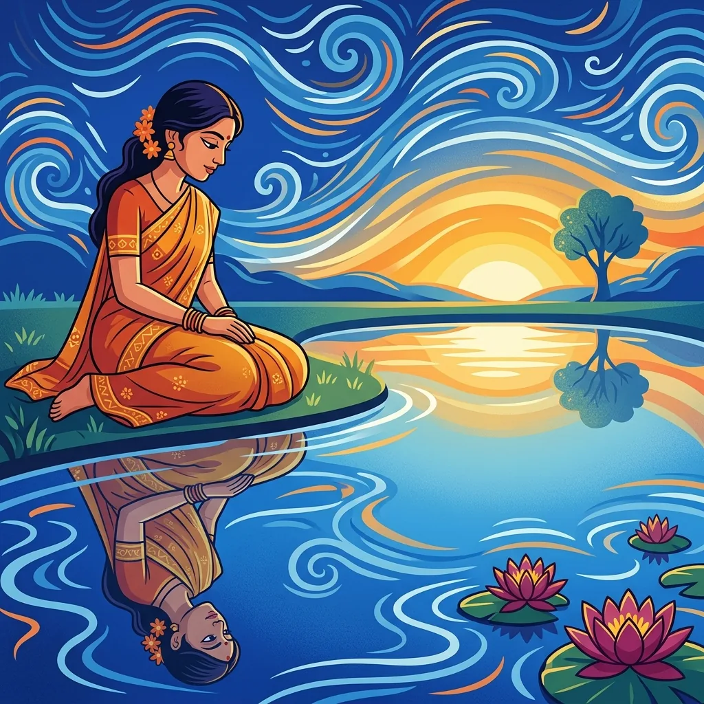A woman sits before a still pool at dawn, seeing her reflection clearly. Both watcher and watched...
