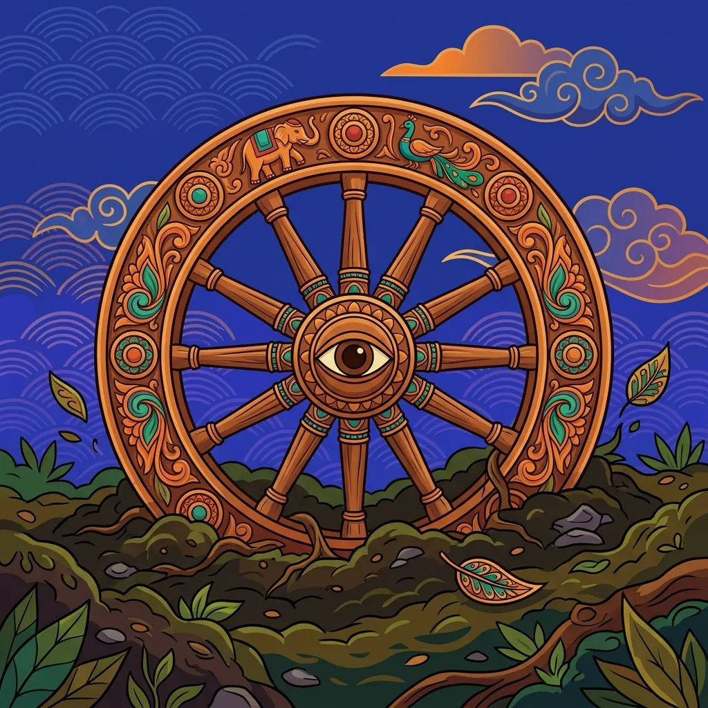 A chariot wheel half-sunk into earth, carved to turn and roll but rooted motionless: the instrumen...