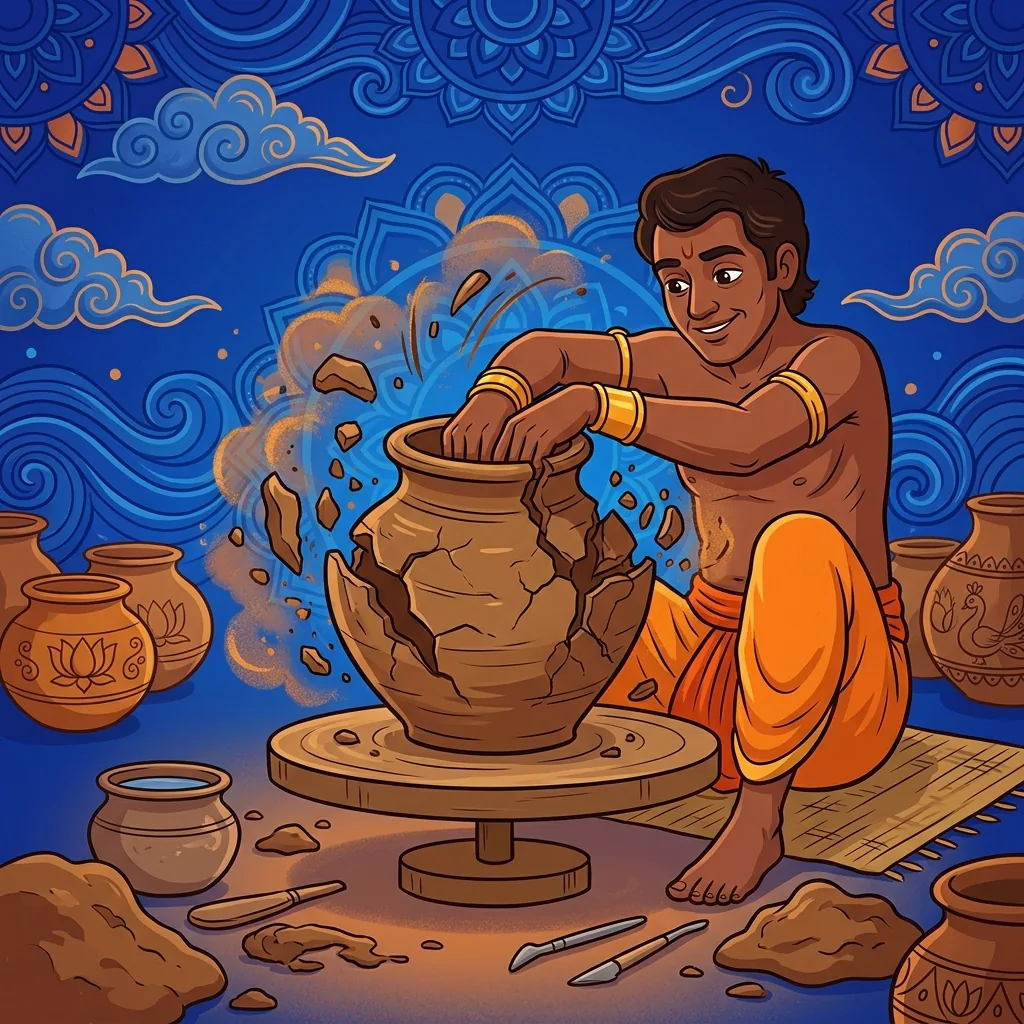 A potter's clay fracturing and scattering under urgent hands—the necessary destruction before a n...