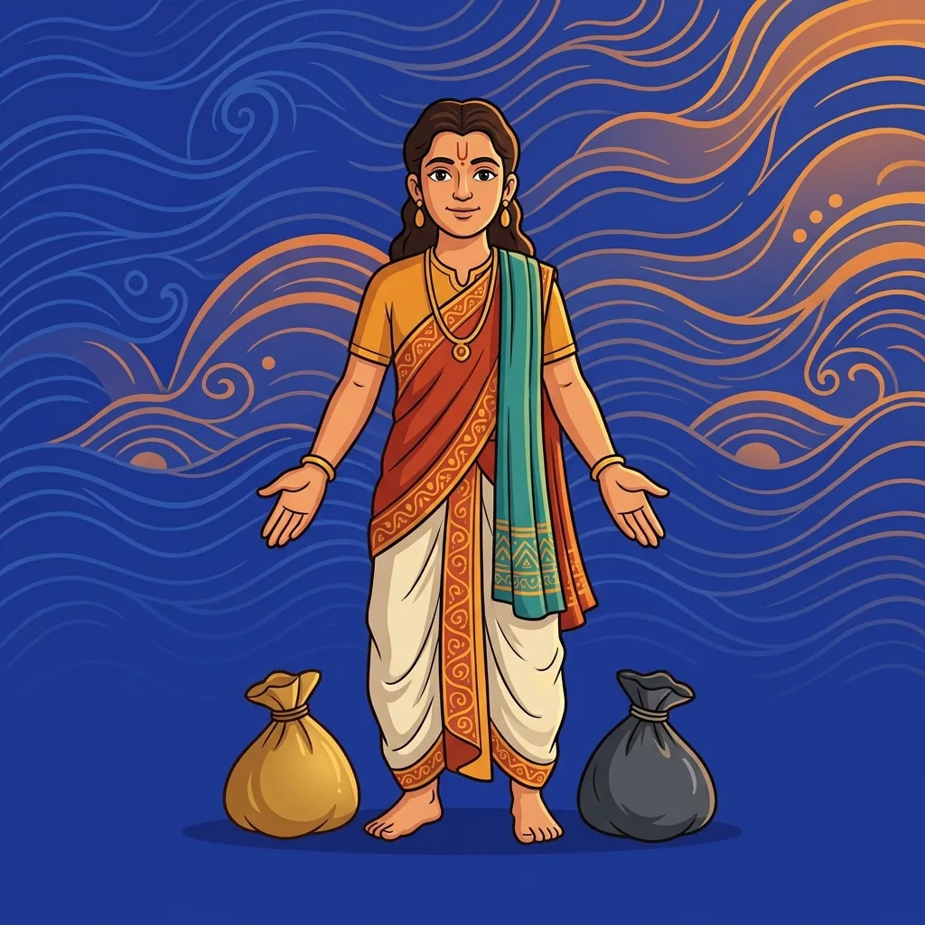 A figure standing in clear morning light, both hands open and empty. Two cloth sacks at feet: one...