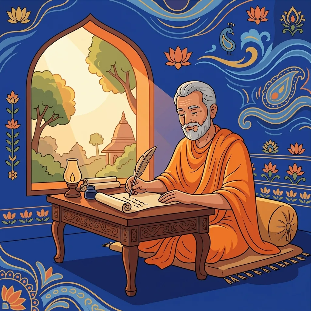An elderly figure in robes sits at a wooden desk by a window, soft morning light entering. A quil...