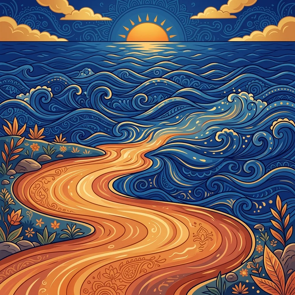 A river flowing into the vast ocean, its waters losing separate identity as they merge into infin...