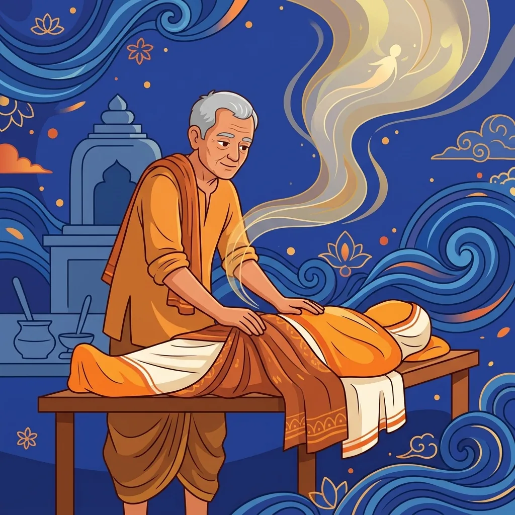 An old cremation-keeper prepares a body with steady hands, face calm. The body is temporary; the...