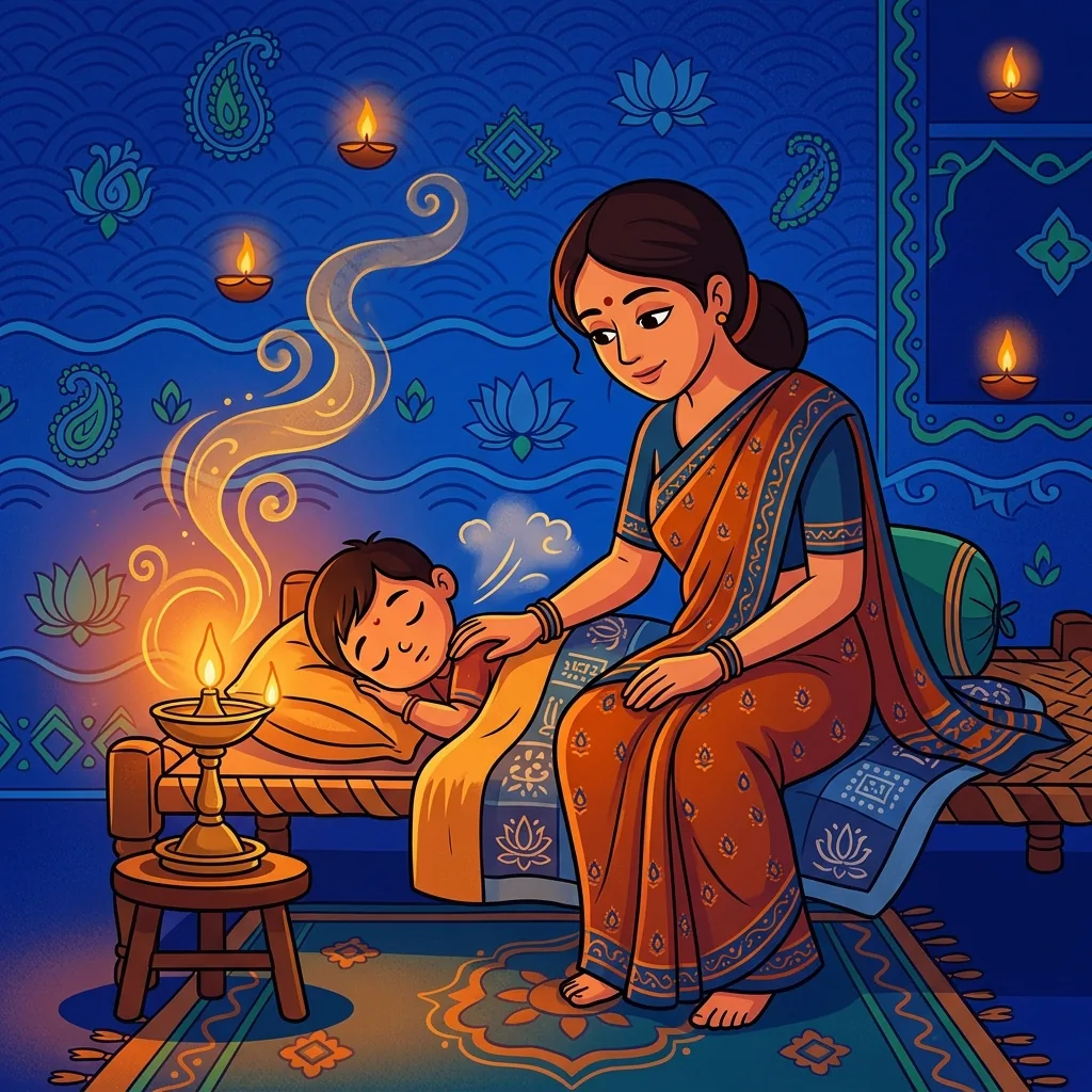 A mother sits beside a sleeping child in candlelight, watching the soft rise and fall of the smal...