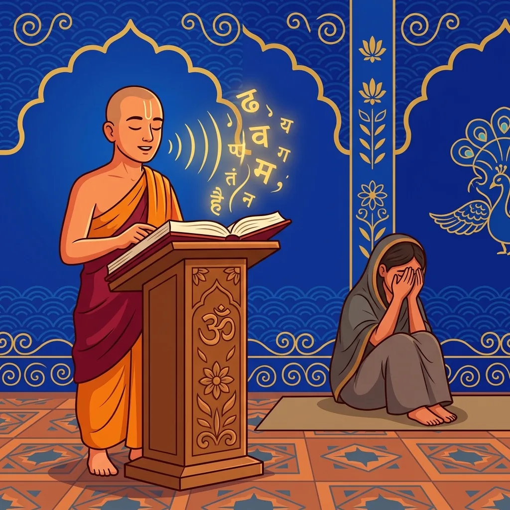 A figure in simple robes recites sacred words perfectly at a lectern, intonation flawless. Behind...