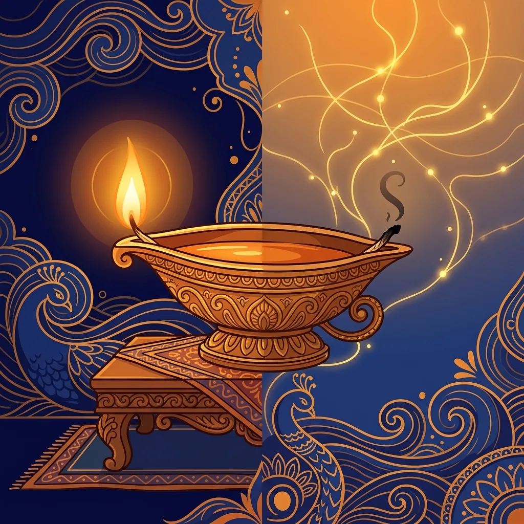 An ancient oil lamp burns steady through the night, then at dawn its flame extinguishes and darke...