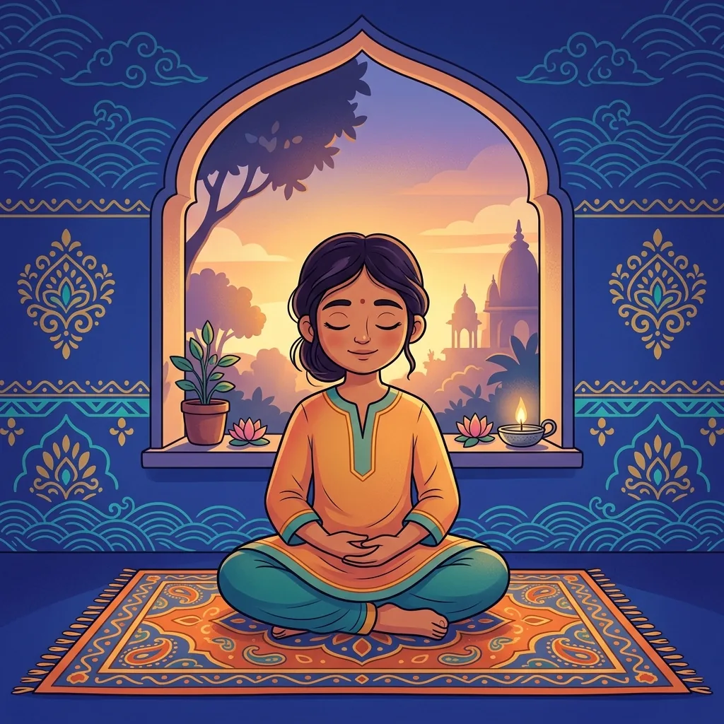 A young person seated by a window in early dawn light, eyes closed in quiet contemplation, hands...