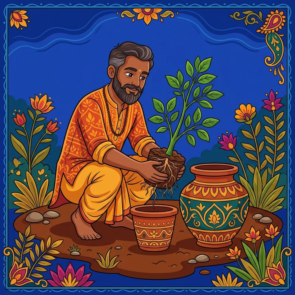 A gardener carefully lifts a young green plant from a small terracotta pot and transplants it int...