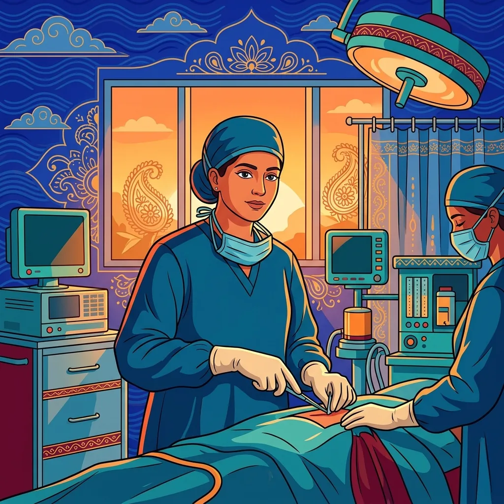 A surgeon at dawn in the operating theatre, eyes clear, hands steady. A patient's life rests on e...