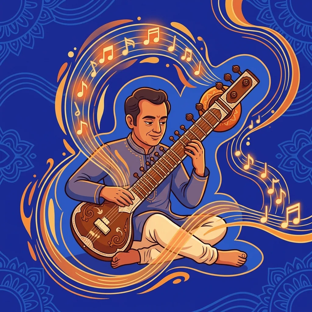 A sitarist at twilight, fingers dancing on strings. Each note rises, resonates, falls: the melody...