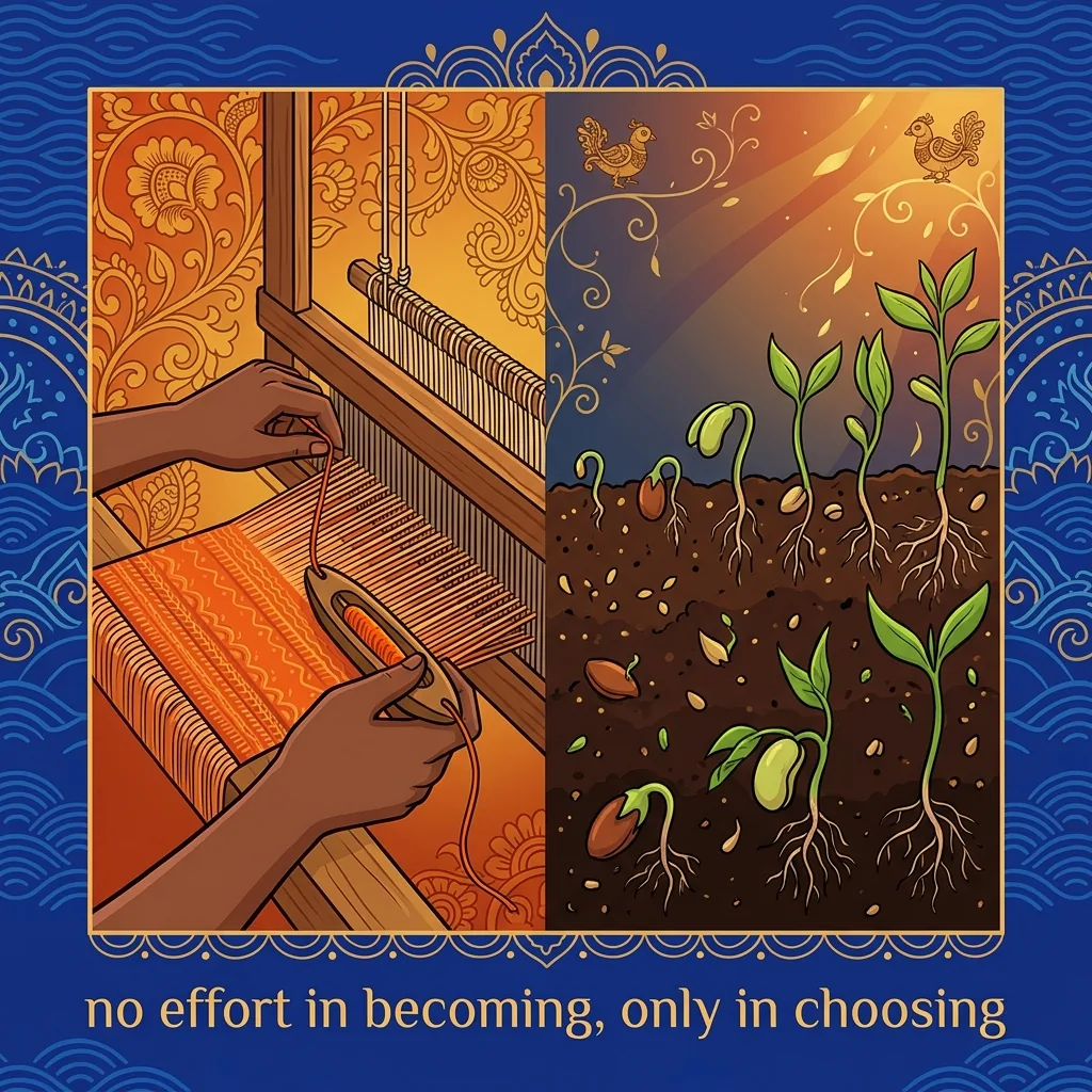 Weaver's hands actively grasping new thread contrasted with seeds naturally sprouting from dark s...
