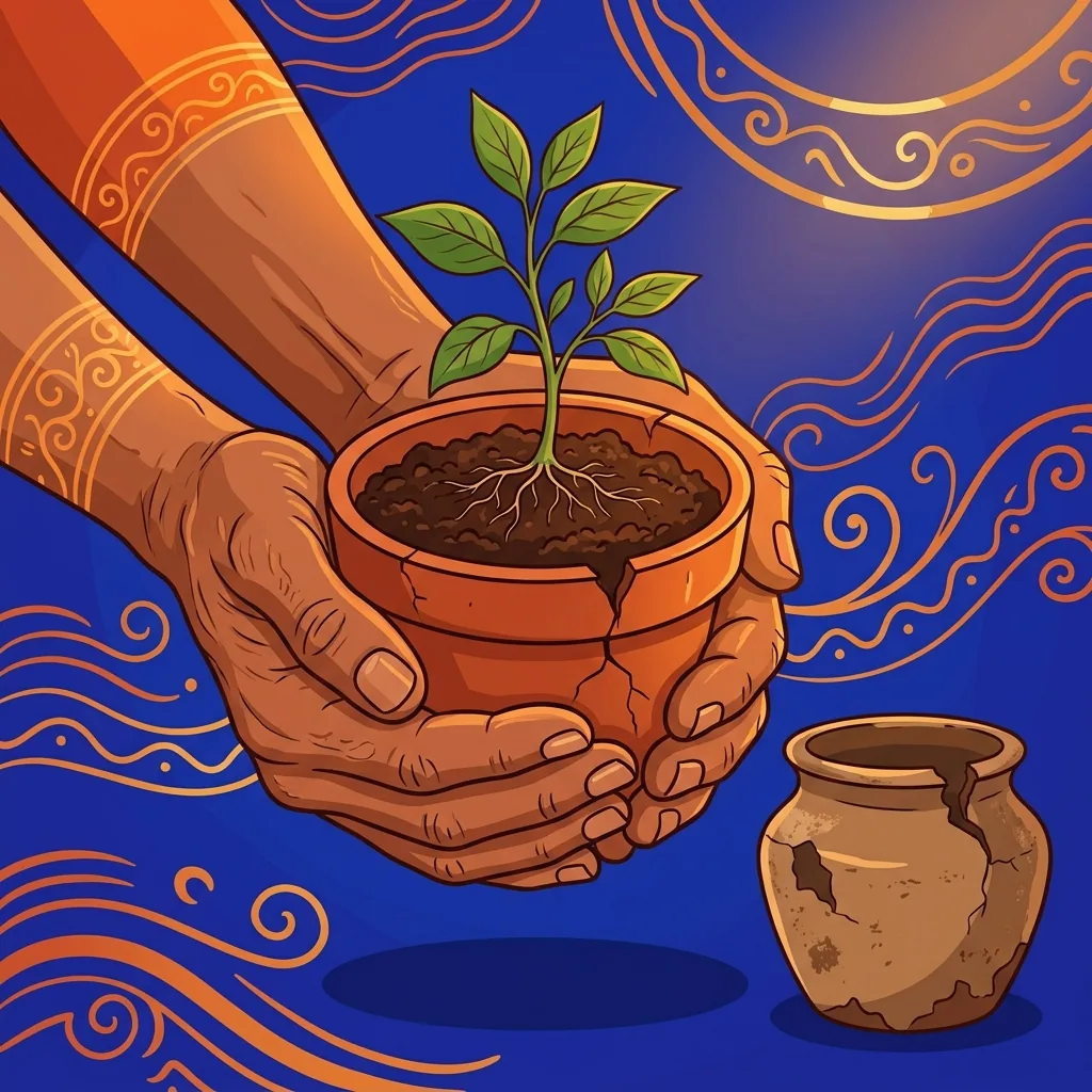 A gardener's weathered hands holding a potted plant, the old cracked pot visible beside dark fres...