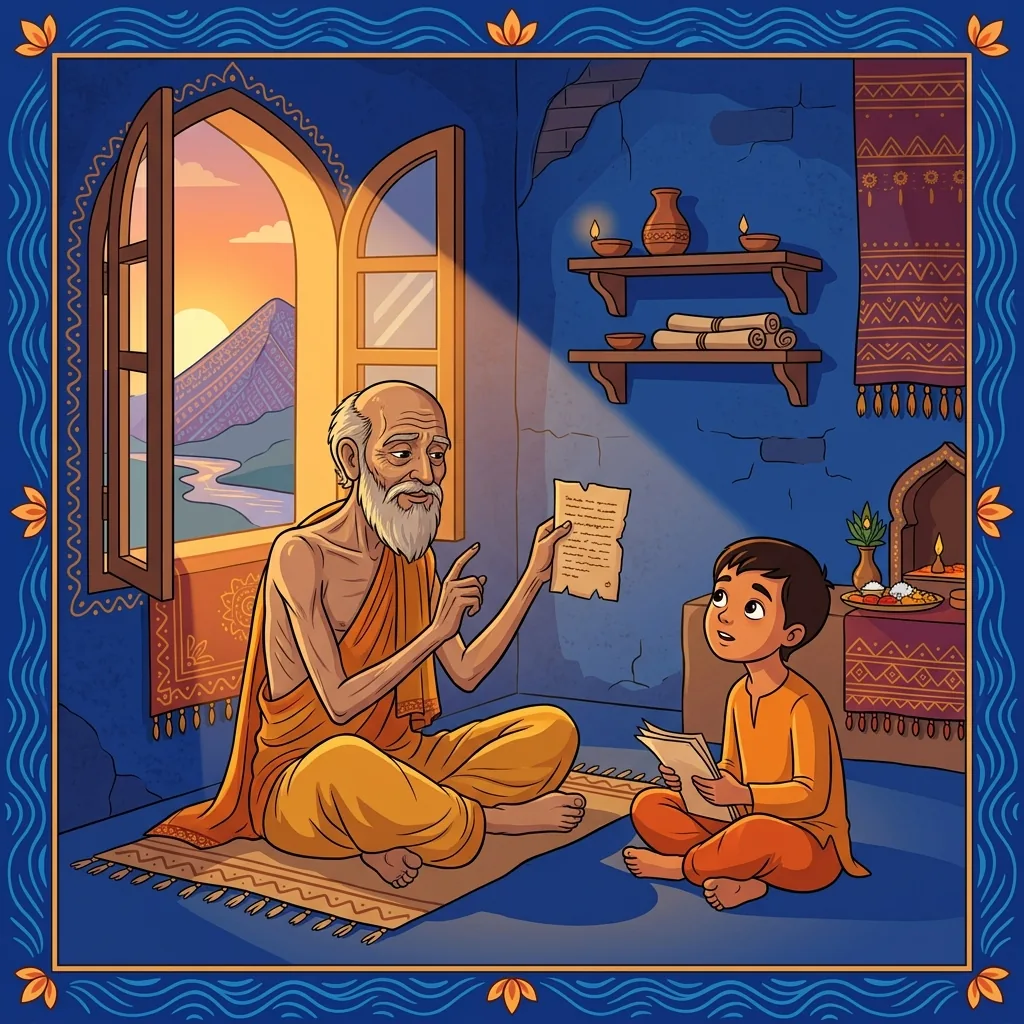 An elderly ascetic in ochre robes seated by a window in a monastery cell, evening light streaming...