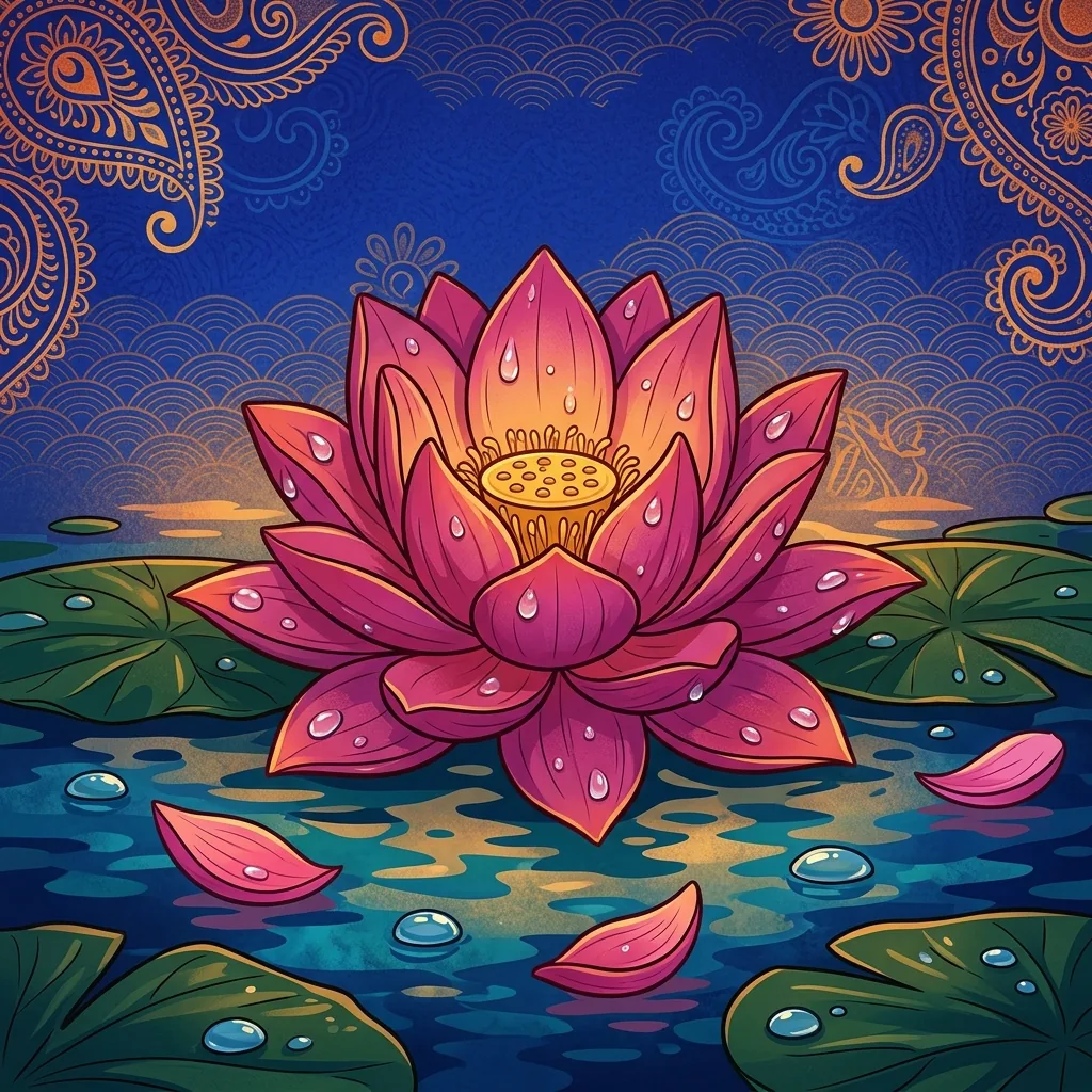 Lotus petals float on still water after rain. Water clings to every petal, moistens the bloom, ye...