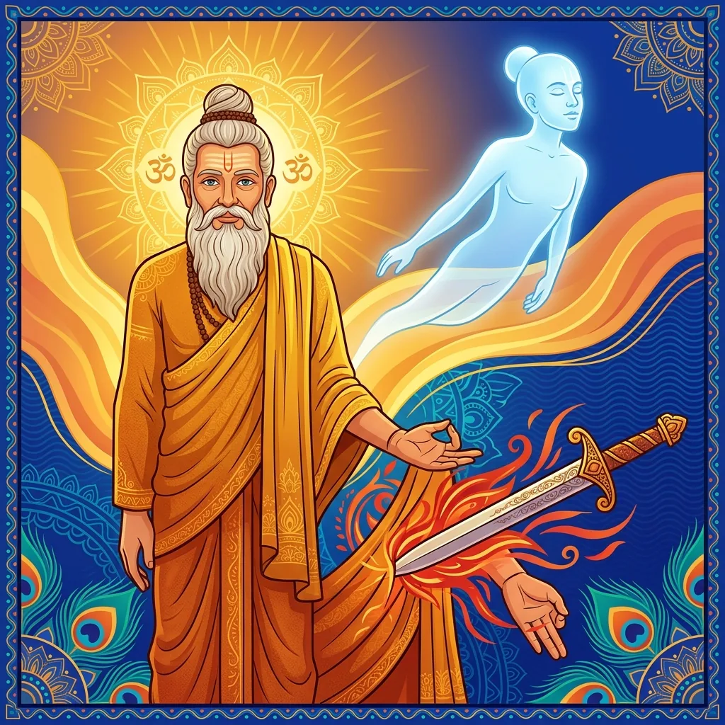 A bearded sage in ochre robes stands upright at the moment of final breath, eyes clear and still....