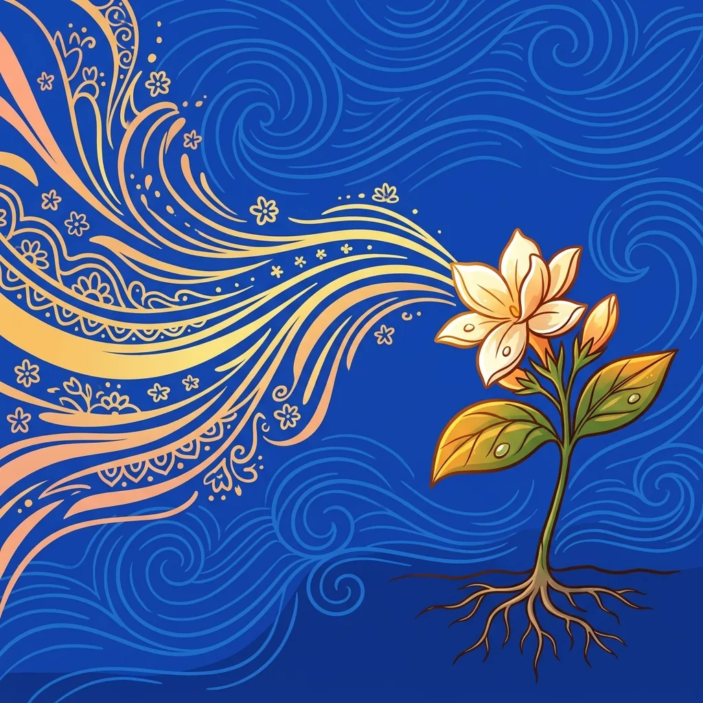 A jasmine flower in early morning light: its fragrance spreads on the breeze, fills the air, trave...