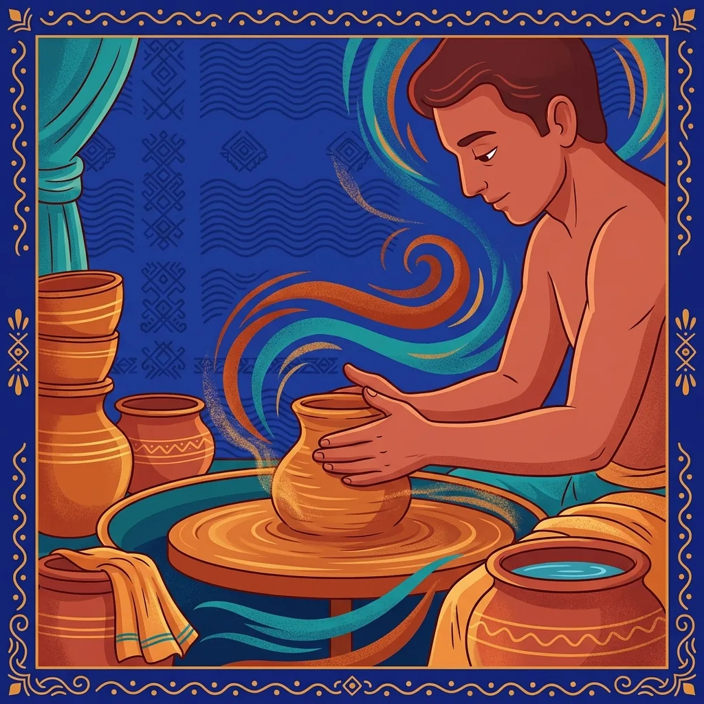 A potter at the wheel, hands repeatedly touching clay. The scent seeps into hands—repetition crea...