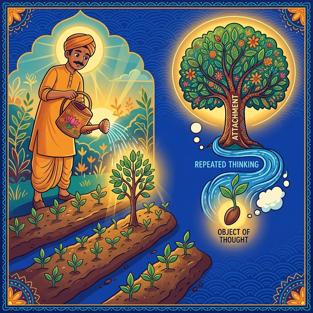 A gardener at dawn watering seedlings. Each day's watering grows a tree. The seed is neutral: the...