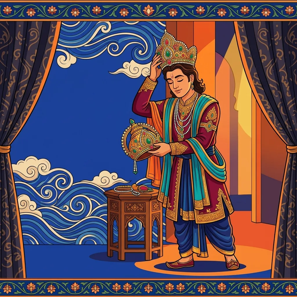 A stage performer in royal costume stands in the wings removing a jeweled crown. His face serene: ...