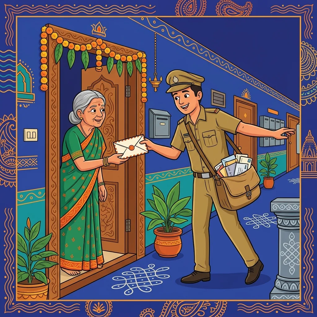 A uniformed postman hands a letter to a resident at a doorway, his other hand already reaching fo...