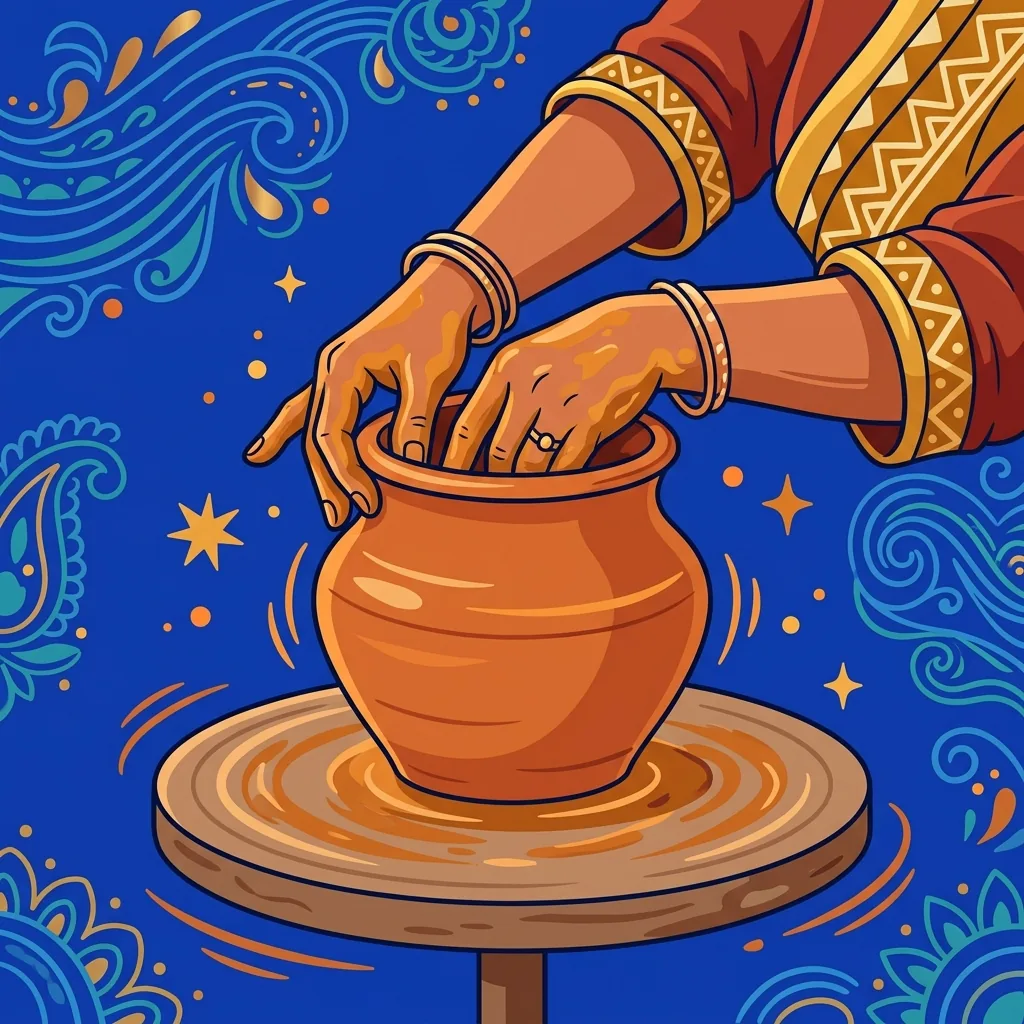Potter's hands inside a spinning clay wheel. Fingers and thumbs shape the vessel from WITHIN: the...