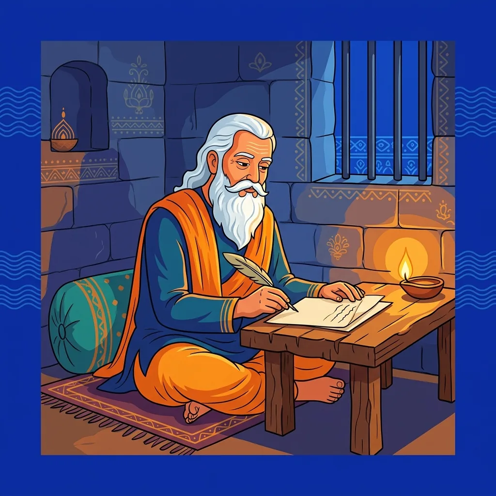 An elderly scholar by candlelight in a prison cell, quill in hand, writing on blank pages. Not su...