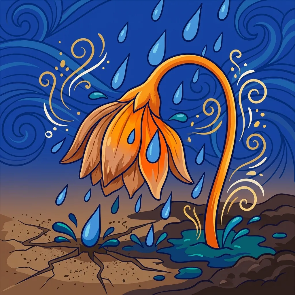 A flower drooping, petals fading in dry dust. Sudden rain falls: water droplets, color returns, fr...