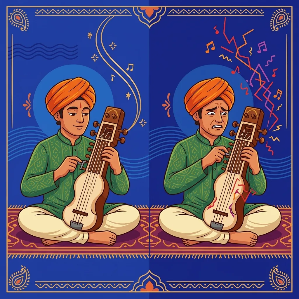 A musician tuning a sarangi. The base note steady and pure. Then: the tuning peg slips, the note w...