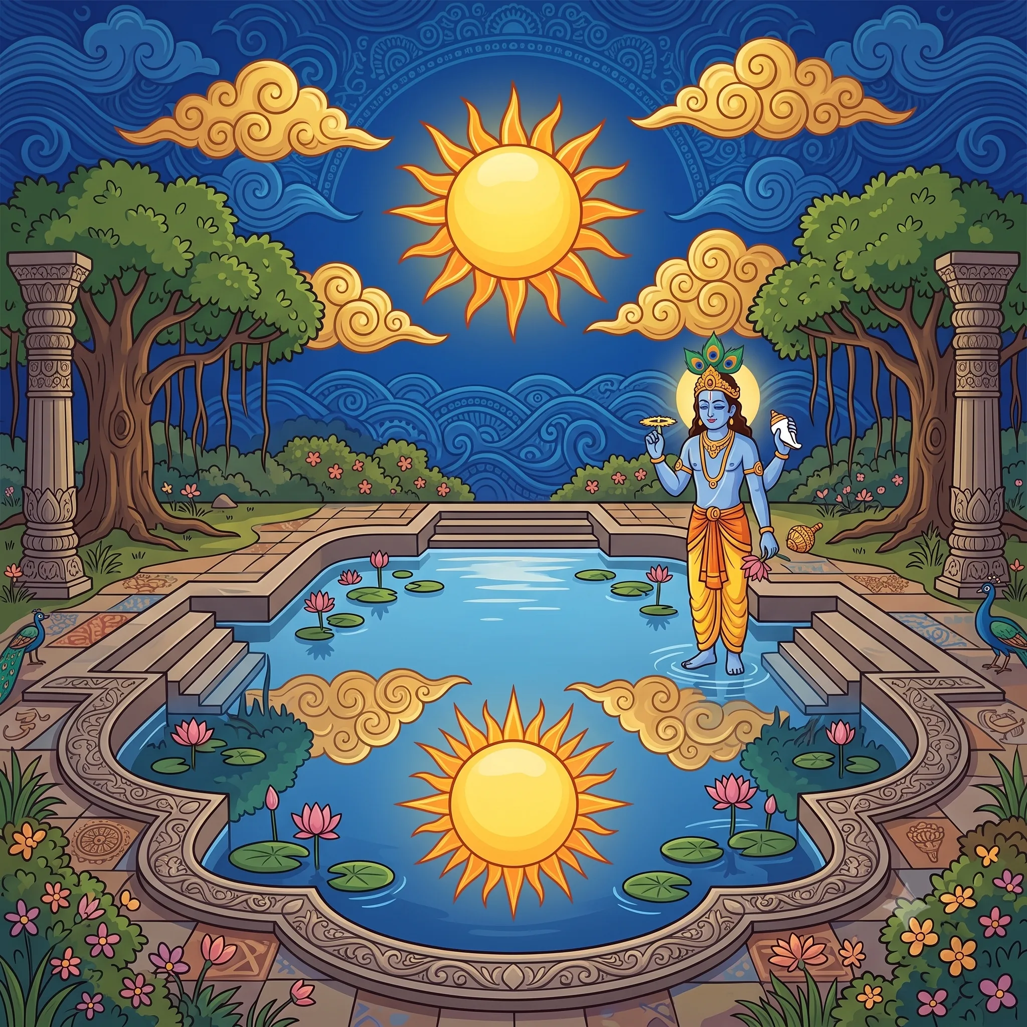 Calm water reflects the sky and clouds without any distinction, just as action performed in accordance with dharma returns as detached fruit.