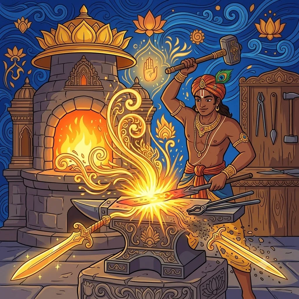 A single hammer strike from a blacksmith at the furnace tempers the iron and reveals its true nature: a symbol of the justice behind God's paritranaya sadhunam form.