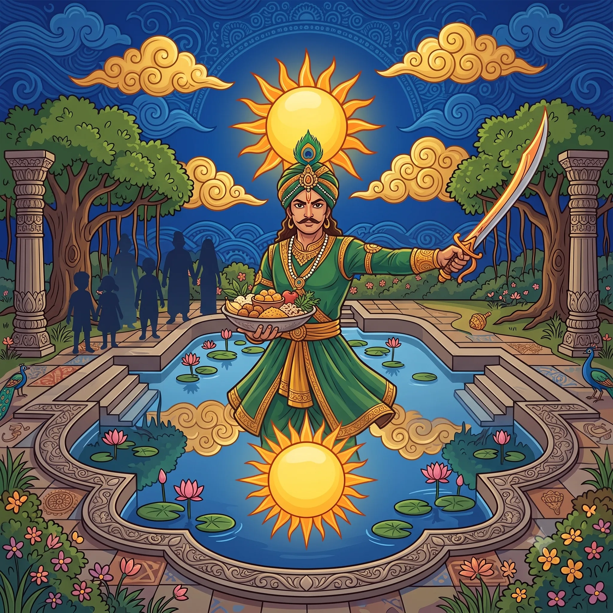 A warrior-servant holding service and grain in one hand and the sword of justice in the other is a modern picture of paritranaya sadhunam: protection and dharma moving together.