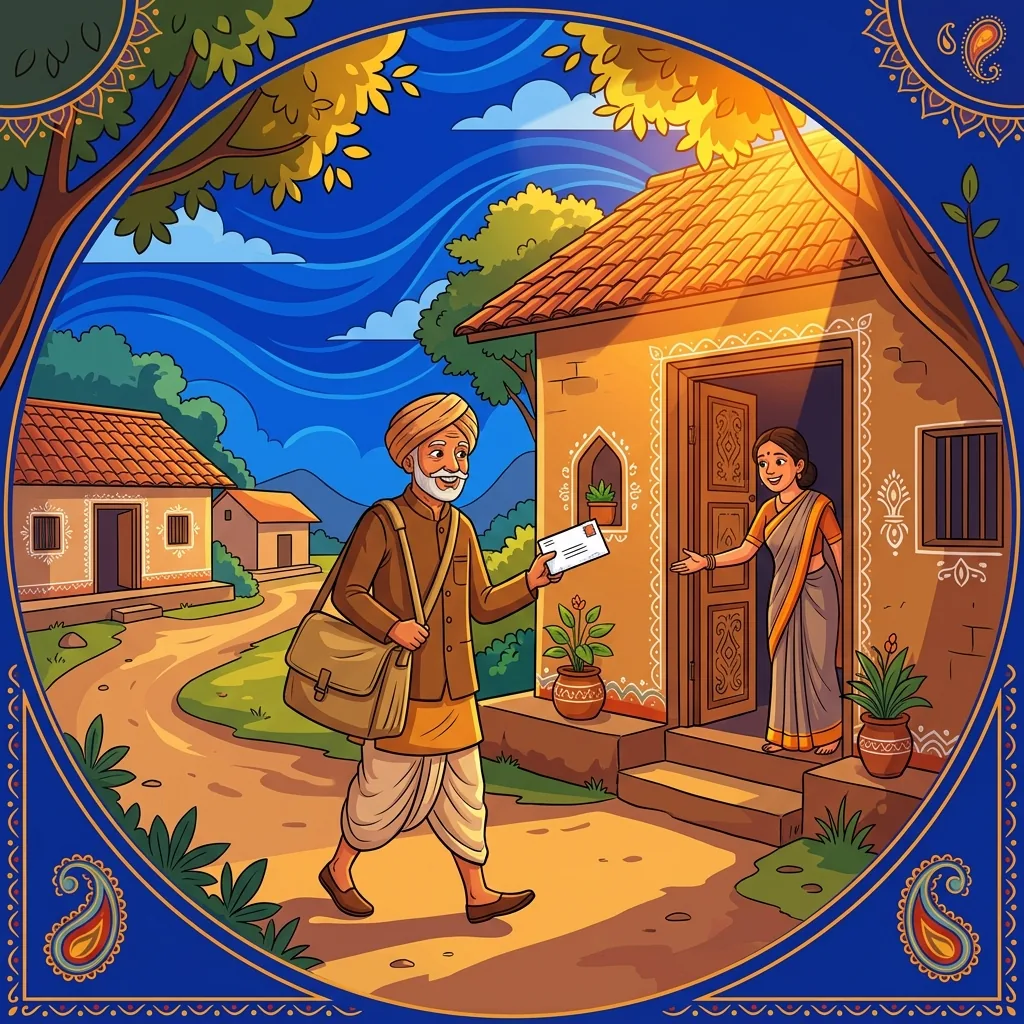 A village postman at midday walking a path, satchel over shoulder, letter in hand approaching a s...