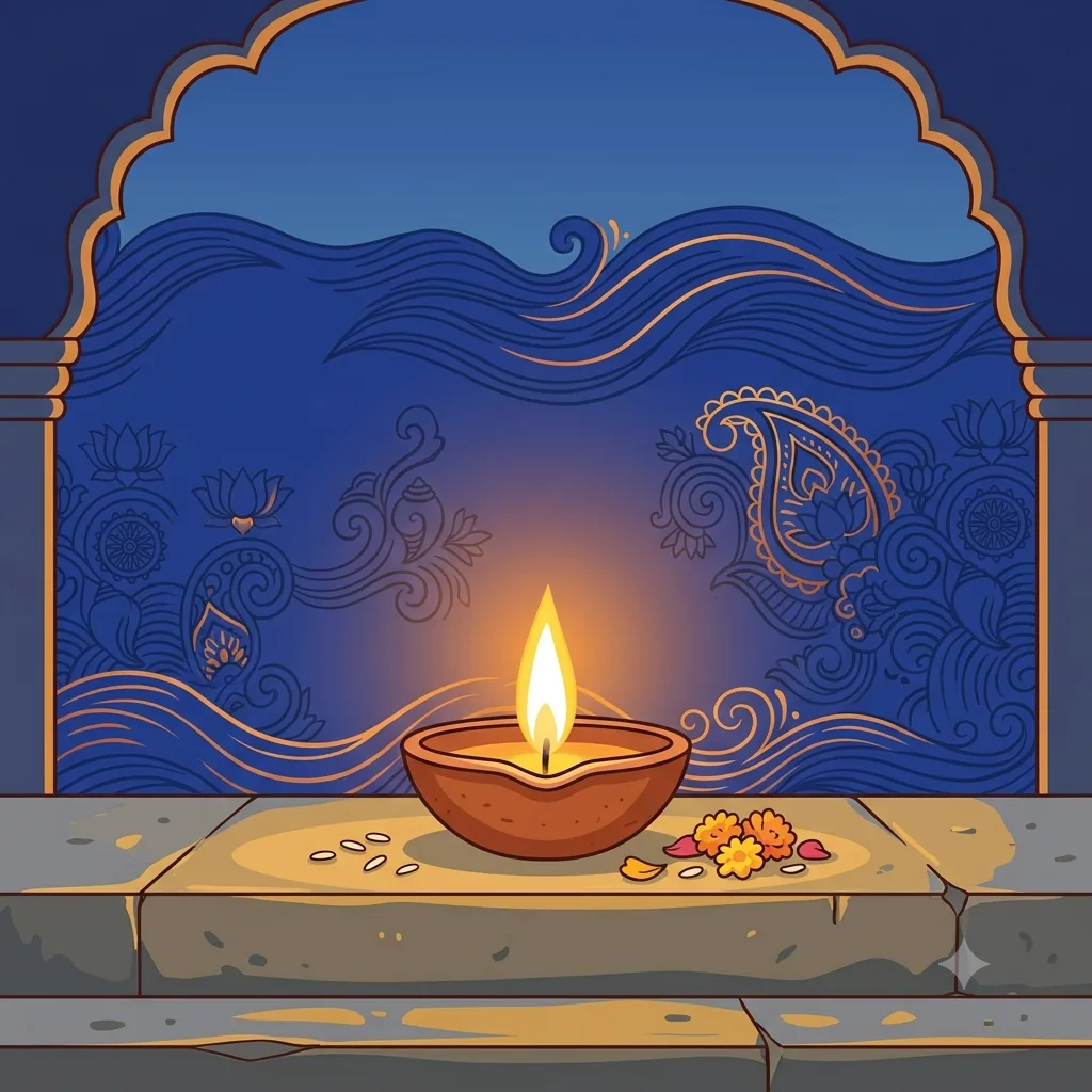 A clay lamp burning steadily on a stone step: in a devotional offering, God looks at sincerity, not the substance offered.