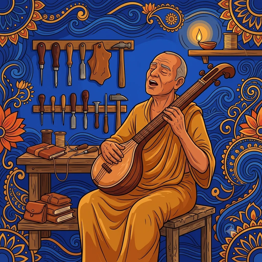 A cobbler in saffron robes, absorbed in devotional song while playing a tanpura in his workshop, old tools nearby: God accepts devotion offered with sincerity.