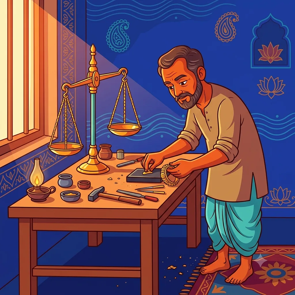 A goldsmith weighing jewelry on a scale, the balance gleaming in midday light: God weighs the purity of devotion, not its metal.