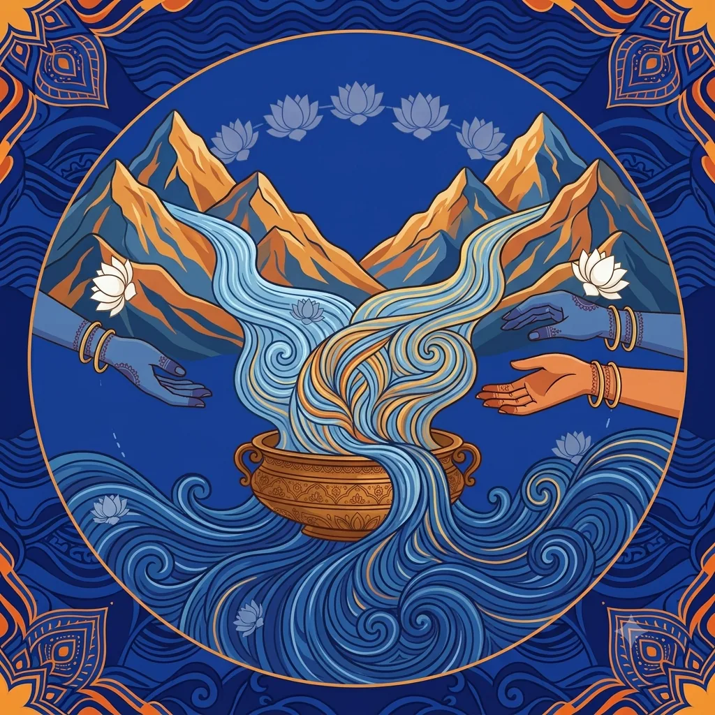 Two mountain streams merging into one at their confluence, like the devotee's ego dissolving into union with the Divine: the true mark of a mad-bhakta