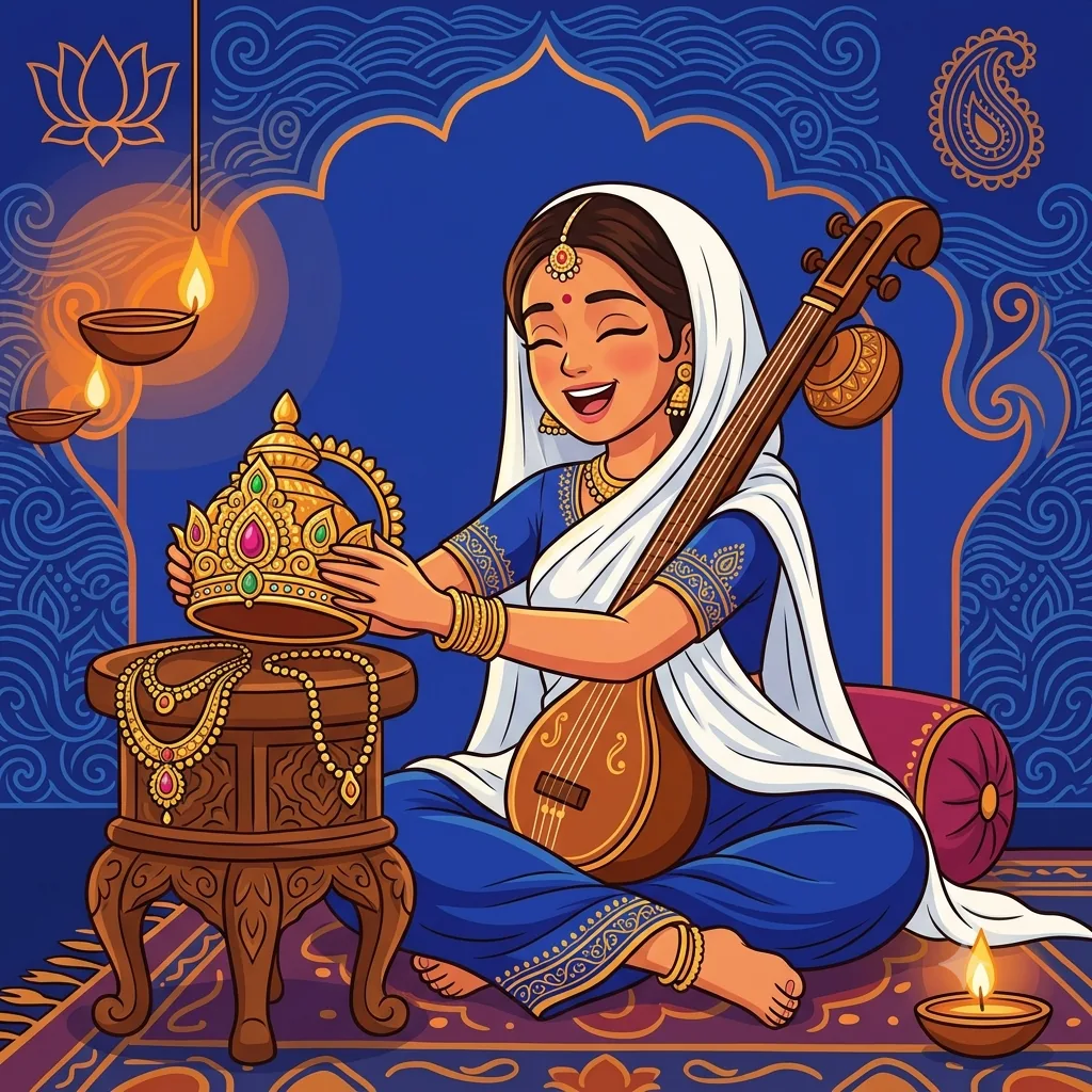 A princess who has set aside her crown and jewels, wrapped in a plain white shawl, singing devotional songs with an instrument: a modern depiction of becoming a mad-bhakta