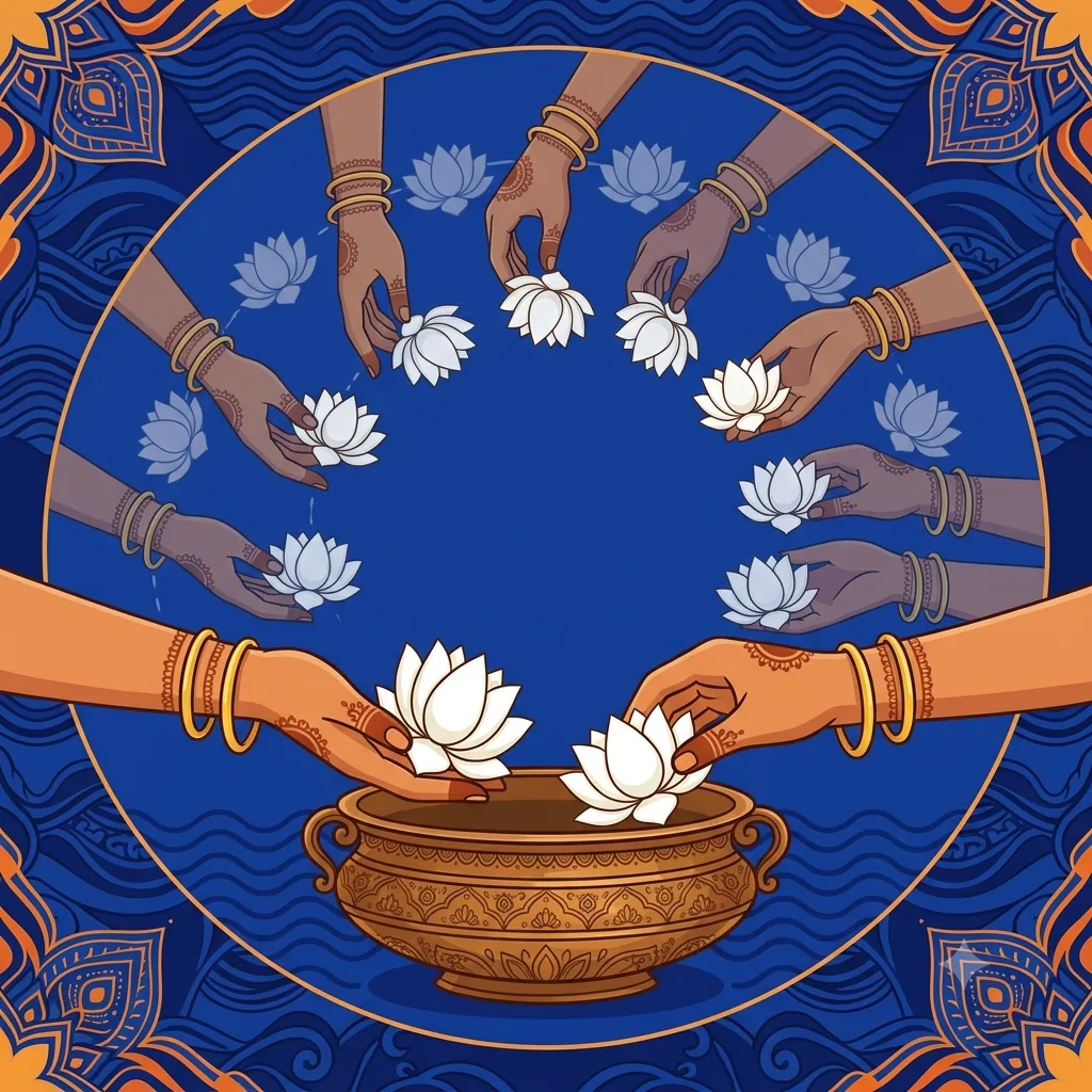Hands repeatedly offering a white lotus into a bronze vessel, depicting the manmana bhava practice of continually fixing the mind on God