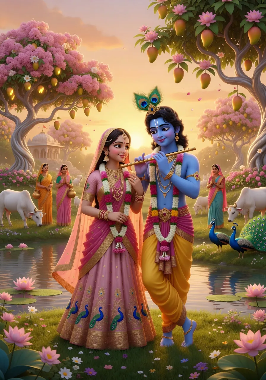Goloka Vrindavan, sabse mitha sabse ooncha aadhyatmik dhaam, jahan Radha aur Krishna gopiyon aur gaayon ke beech kalpa-vriksha ke neeche Yamuna kinaare khade hain