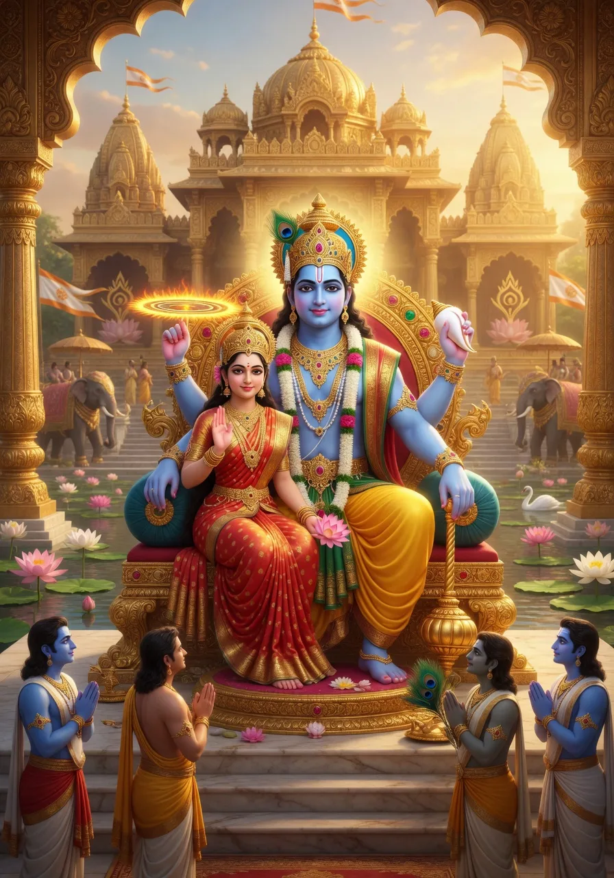 Bhagwan Lakshmi-Narayana vaibhavshali Vaikuntha mein singhaasan par, chaar-bhuja Bhagwan devi Lakshmi ke saath swarn-mahalon aur bhakt-parishad ke beech