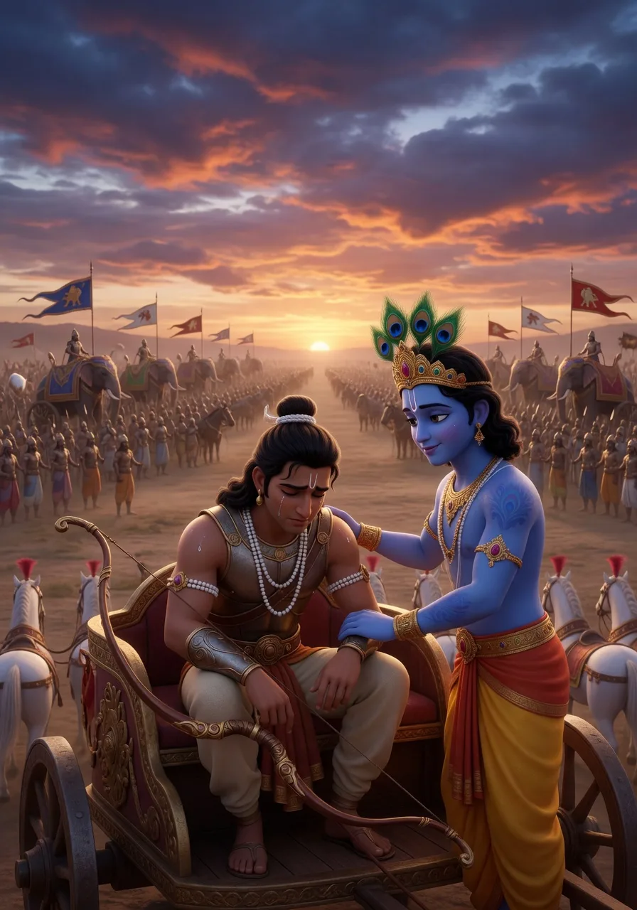 Yoddha Arjuna apne rath par udaas baitha, uska dhanush Gandiva haath se phisalta hua, yuddh ke aarambh mein vyakul