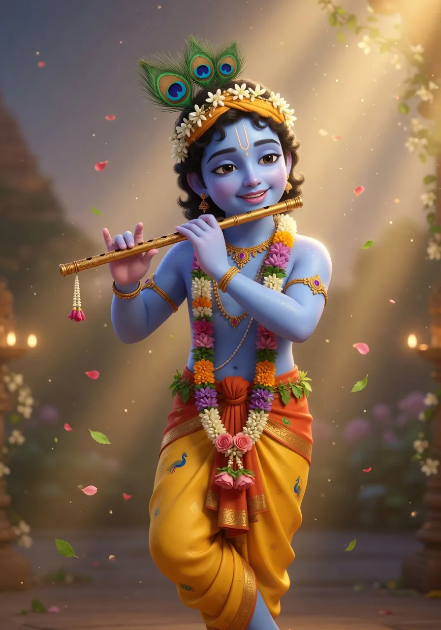 Bhagwan Krishna apne mool do-bhuja roop mein, neel-varn aur komal, bansuri bajaate, Bhagwan ka saakaar roop jo sirf hamara prem aur sharanagati maangta hai
