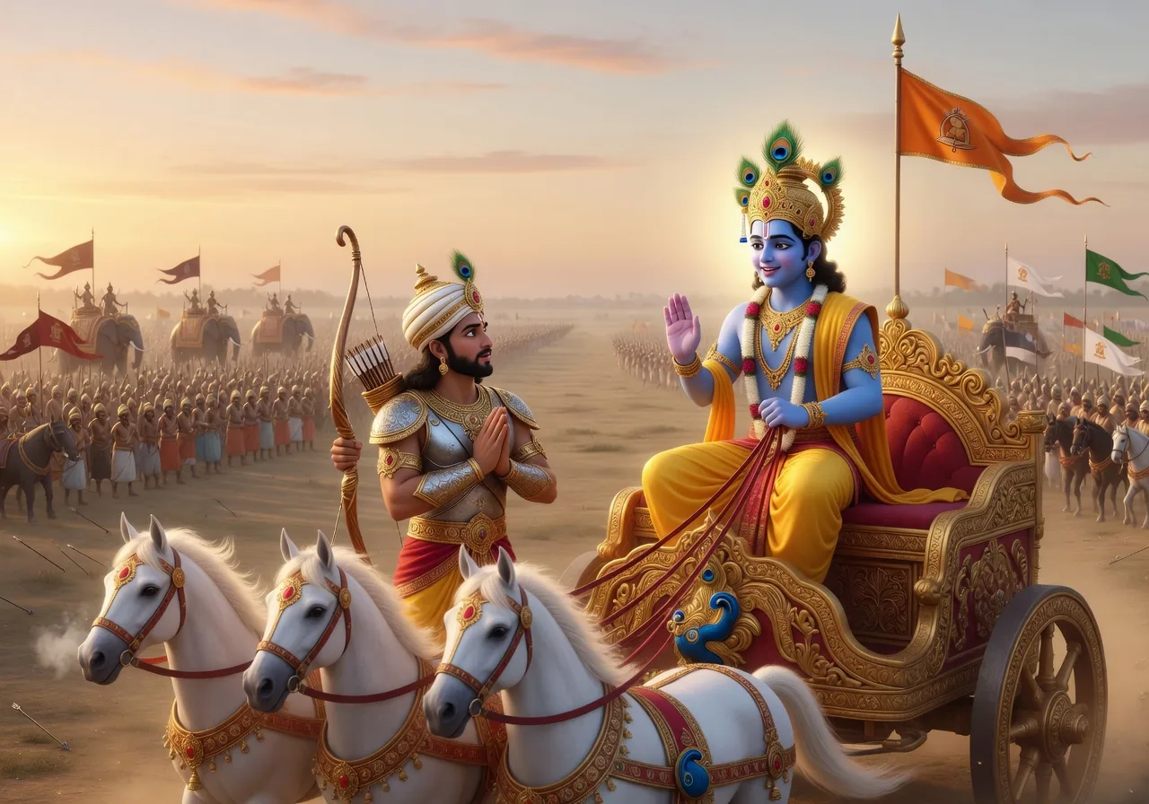 Bhagwan Krishna saarathi ke roop mein Kurukshetra ke rann mein rath par Arjuna ko Bhagavad Gita sikhaate, peechhe dono senaayein