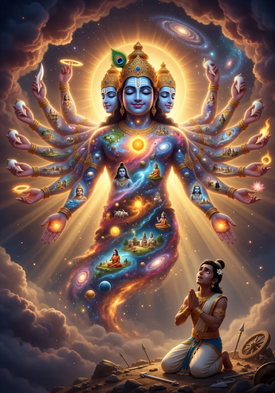 Bhagwan Krishna apna vishaal vishwaroop, Vishwarupa, vismit Arjuna ko dikhaate, unke tejomay shareer mein anginat lok aur praani