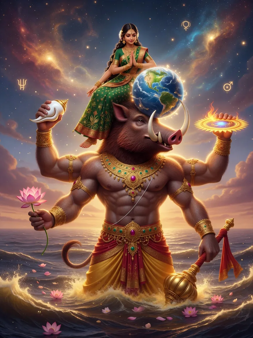 Lord Varaha, the divine boar, lifting the planet Earth as the goddess Bhudevi on his tusks from the cosmic ocean