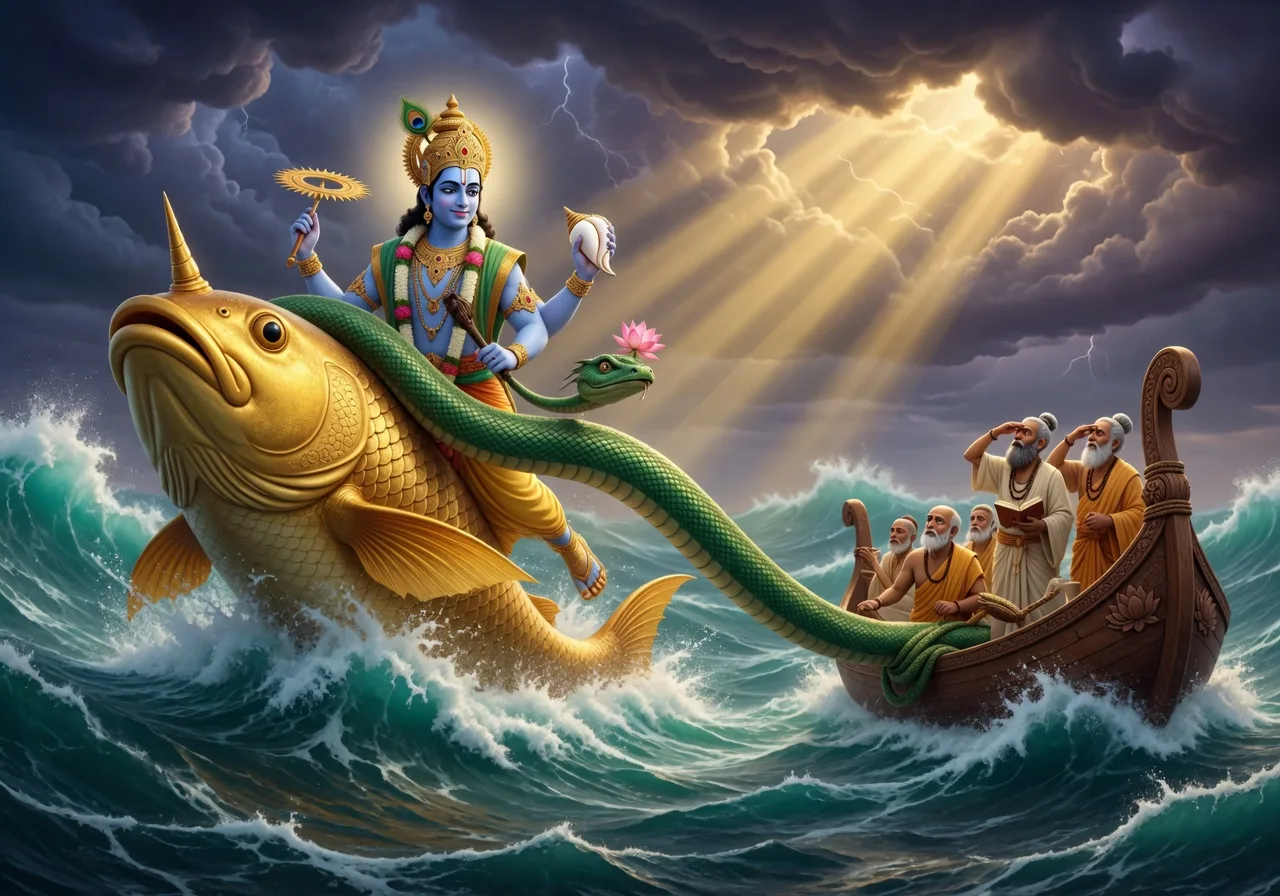 Lord Matsya, the great golden fish, guiding the boat of the seven sages safely through the cosmic flood with the serpent Vasuki