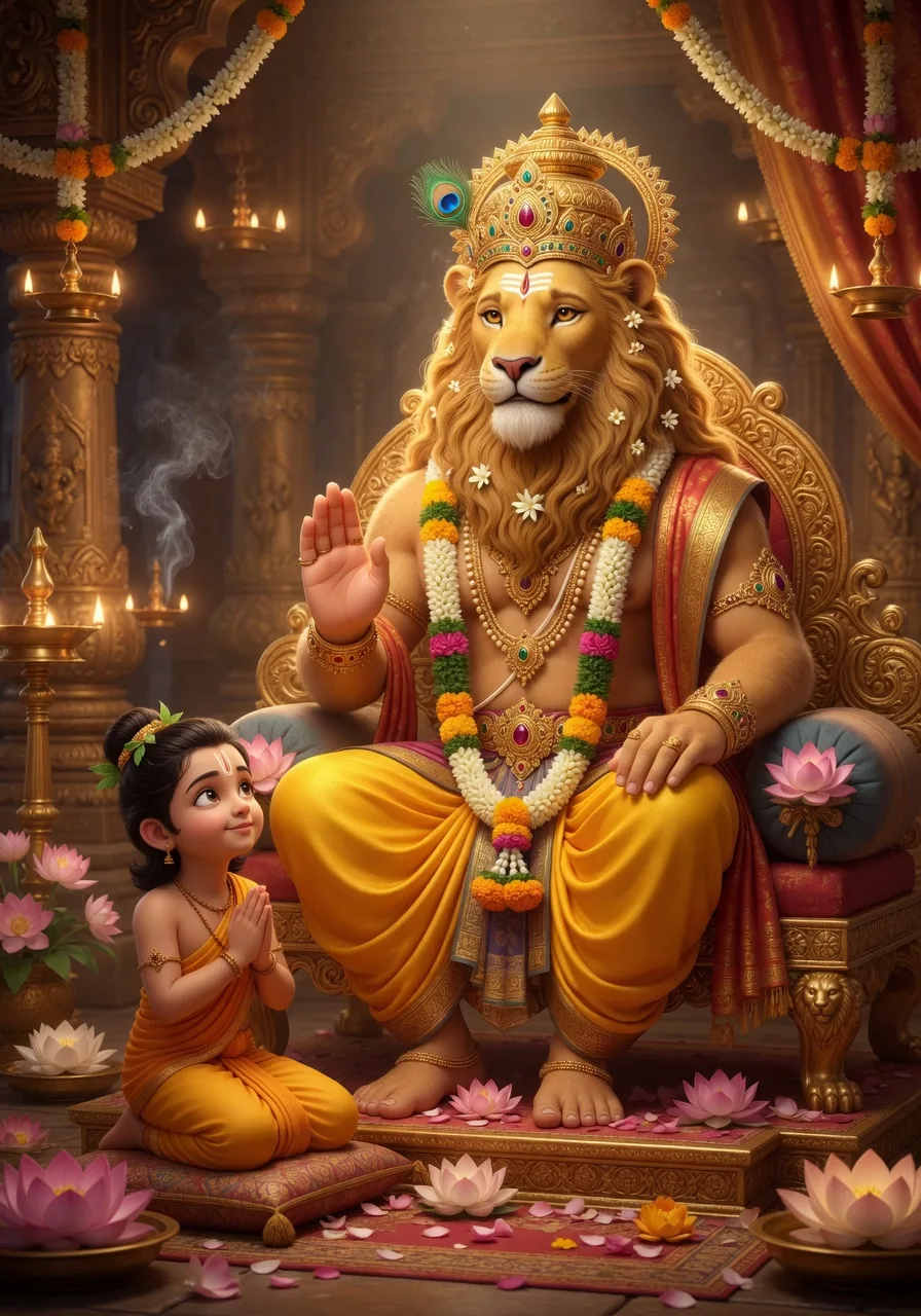 Lord Narasimha, the divine lion-faced Lord, seated serenely and blessing the small devotee Prahlada who kneels before him with folded hands