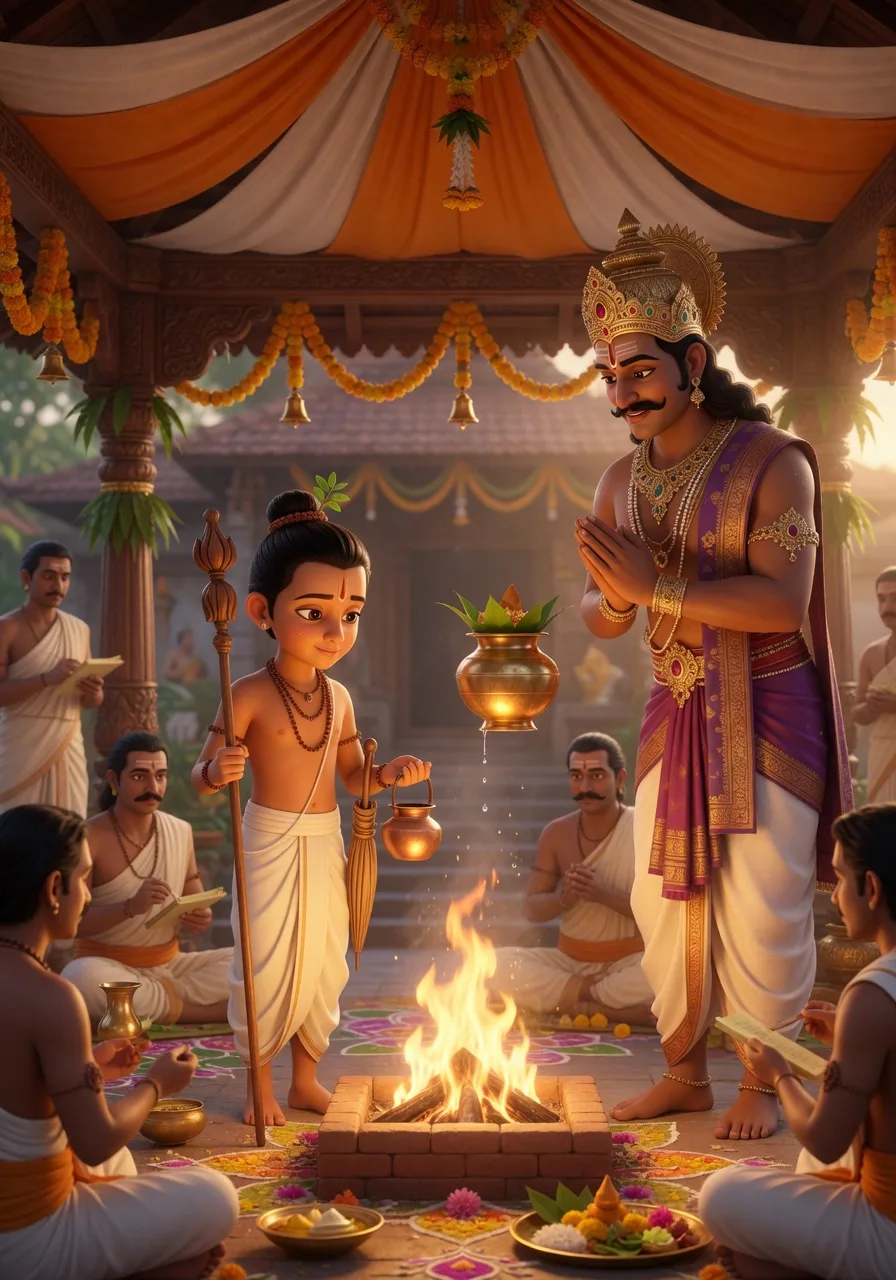 Lord Vamana, the young brahmin boy, standing before the generous demon-king Bali Maharaja at his grand sacrifice, asking for three paces of land