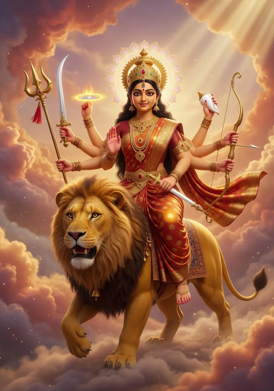 Devi Durga, shaktishaali aur sundar maa, apne sinh par sawaar aur apni anek bhujaon mein anek astra liye, material duniya ki rakshak