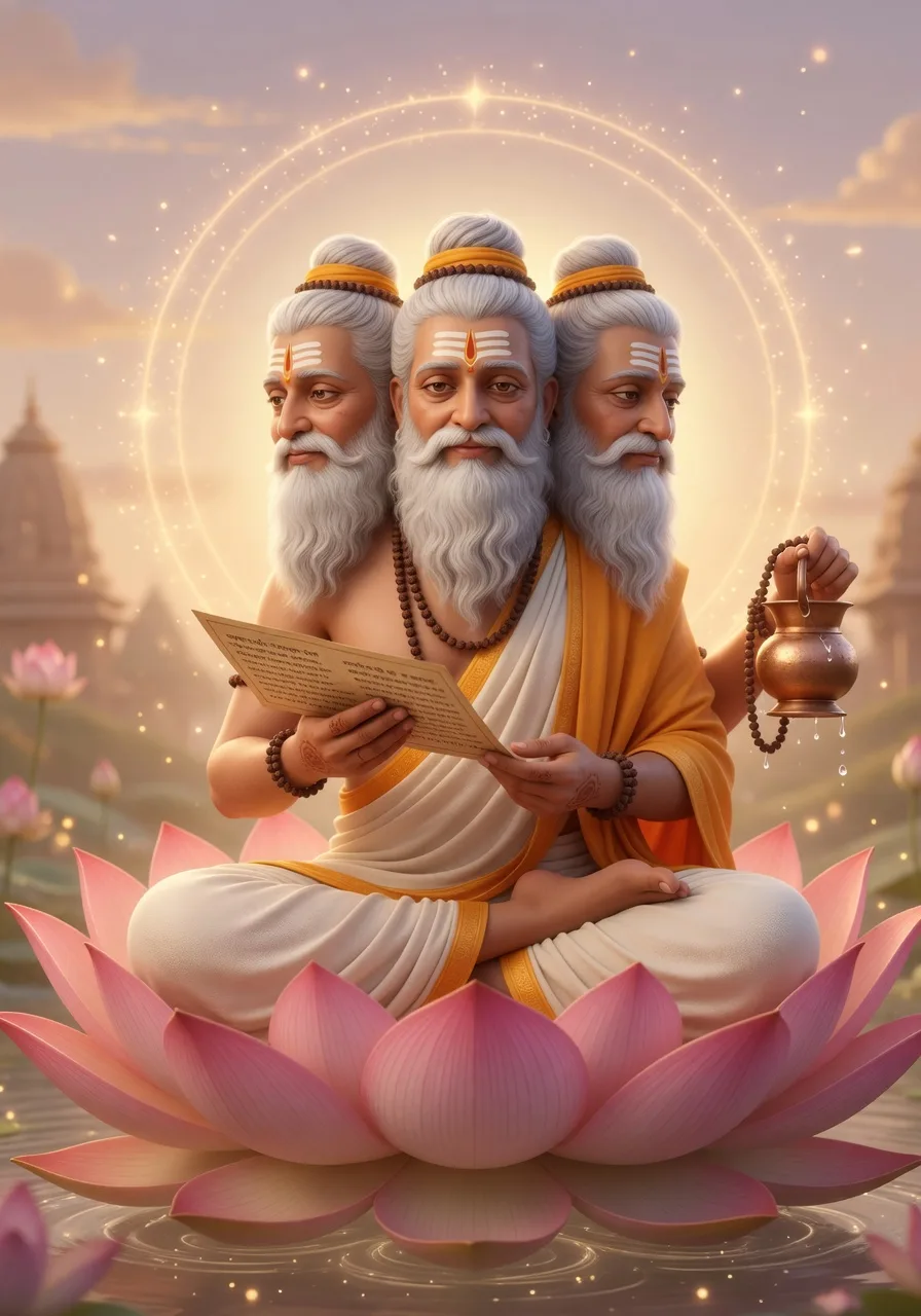 Chaar-mukh Bhagwan Brahma, dvitiya rachayita, ek vishaal kamal par viraajmaan, Vedon ko thaame, komal swarn-prakaash se ghire